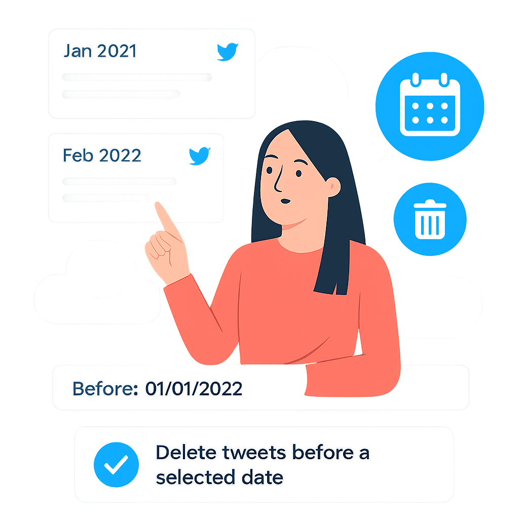 TweetDelete imagem de uma mulher a apontar para tweets com datas junto a um calendário e um ícone de caixote do lixo com texto 