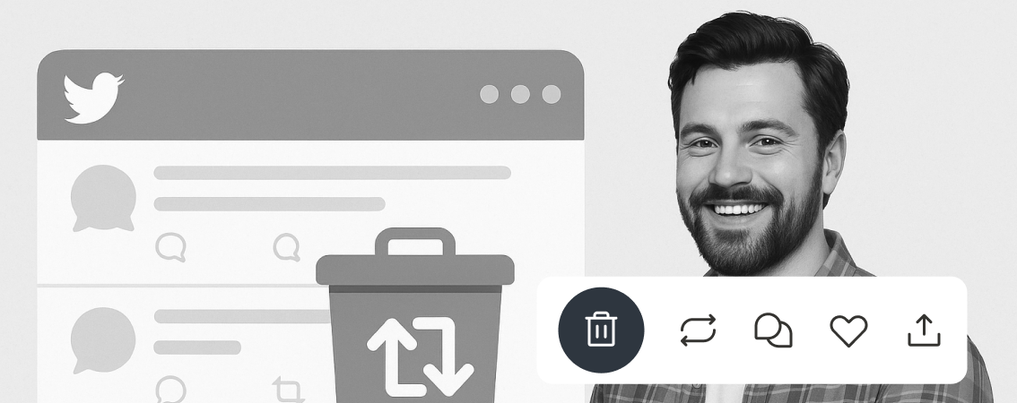 TweetDelete imagem de um homem sorridente ao lado de uma interface do Twitter com um ícone de caixote do lixo e botões de ação em primeiro plano.