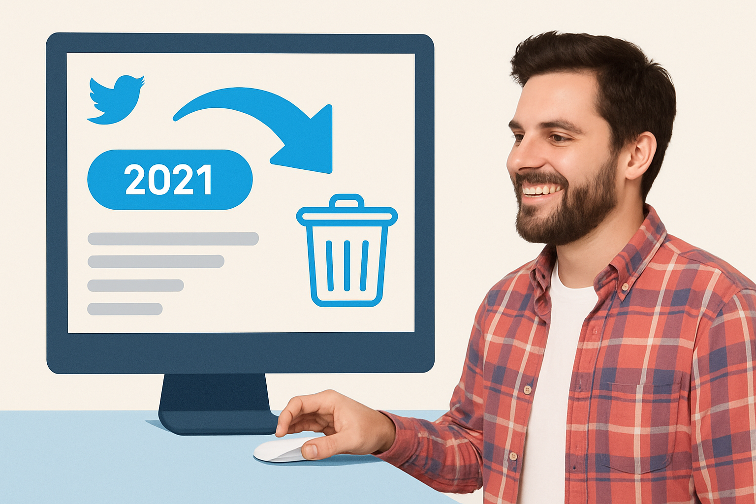 TweetDelete imagem de um homem junto a um computador com um ícone de tweet de 2021 e um caixote do lixo que simboliza a eliminação de tweets por data.