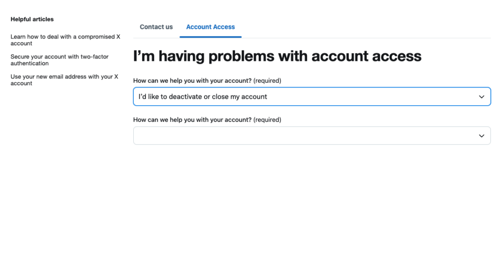 TweetDelete'in bir kullanıcının hesabını devre dışı bırakmak veya silmek için X'in Yardım Merkezi sayfasının ekran görüntüsü.
