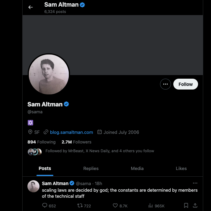 TweetDelete'in X Premium sahibi bir Twitter kullanıcısı olan Sam Altman'ın hesabının ekran görüntüsü.
